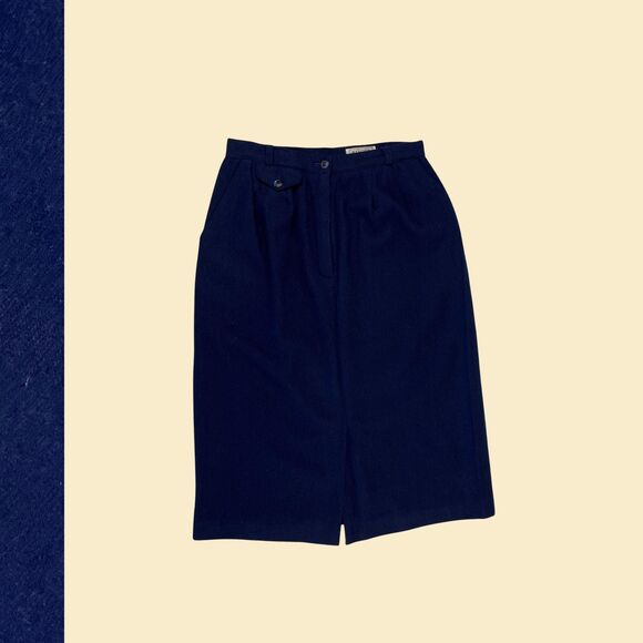 1970s wool midi skirt by Slices, size 13 vintage blue skirt w/ front pocket - Picture 1 of 10